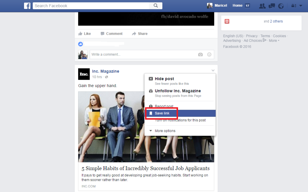 facebook bookmark feature